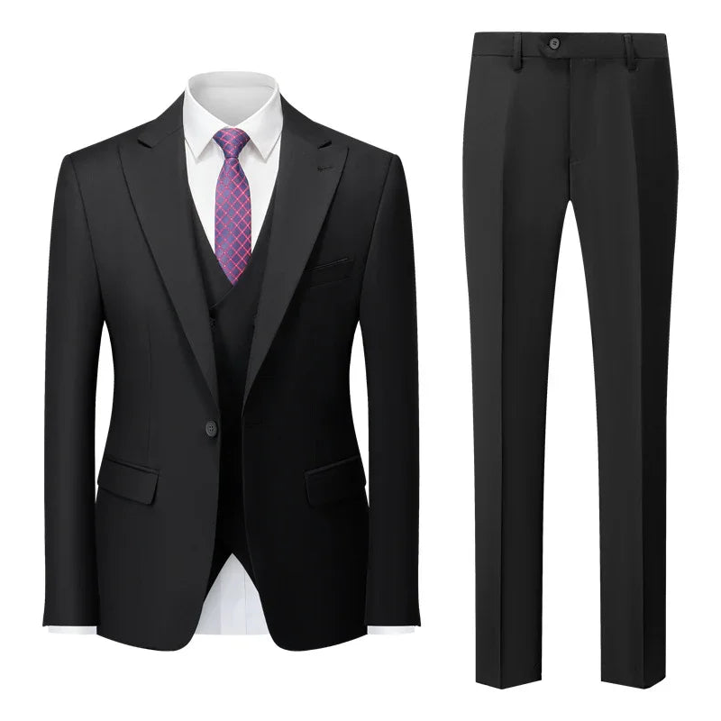 Black men's three-piece suit with white shirt and purple patterned tie, black trousers