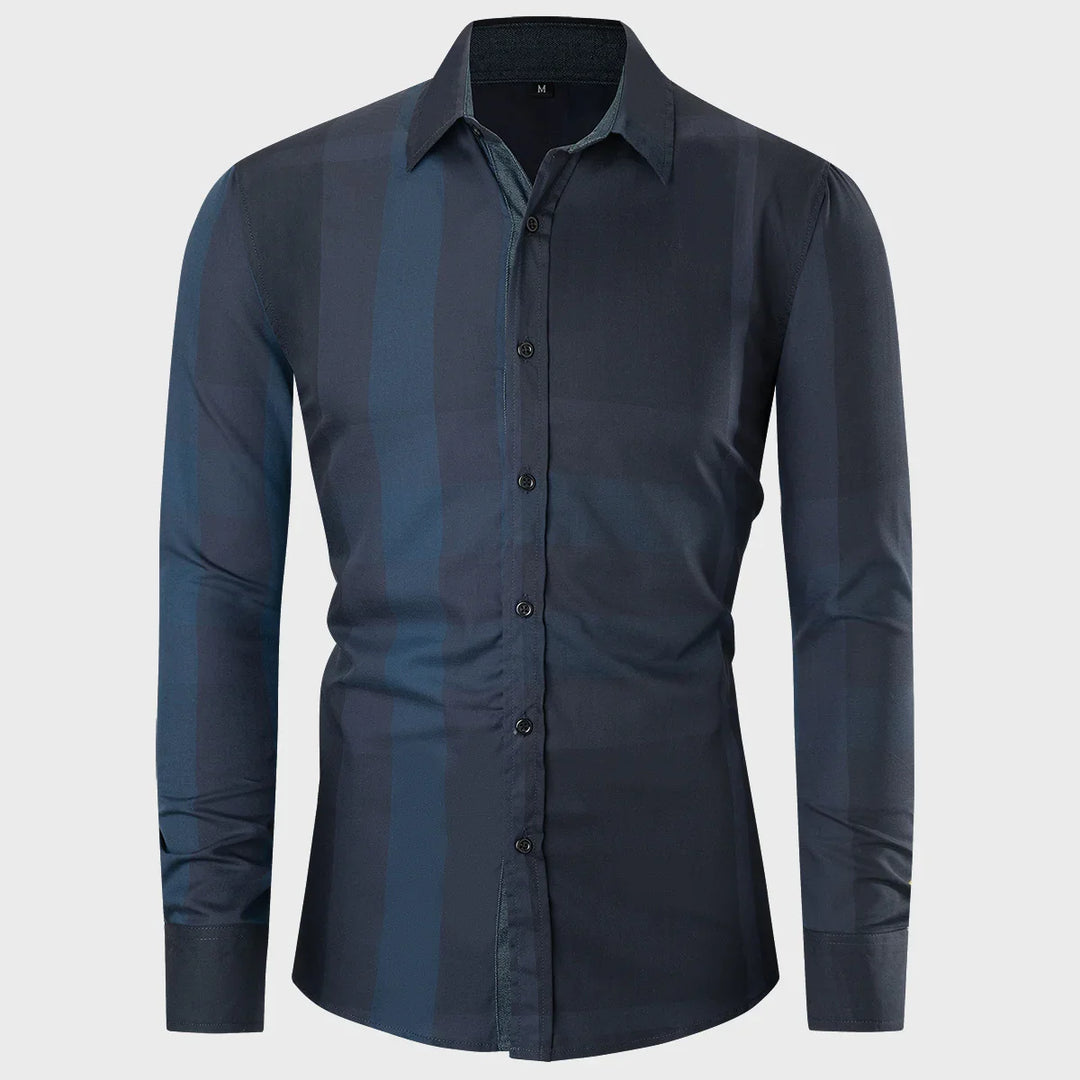 Men's slim fit long sleeve button-up shirt with vertical navy and blue stripes
