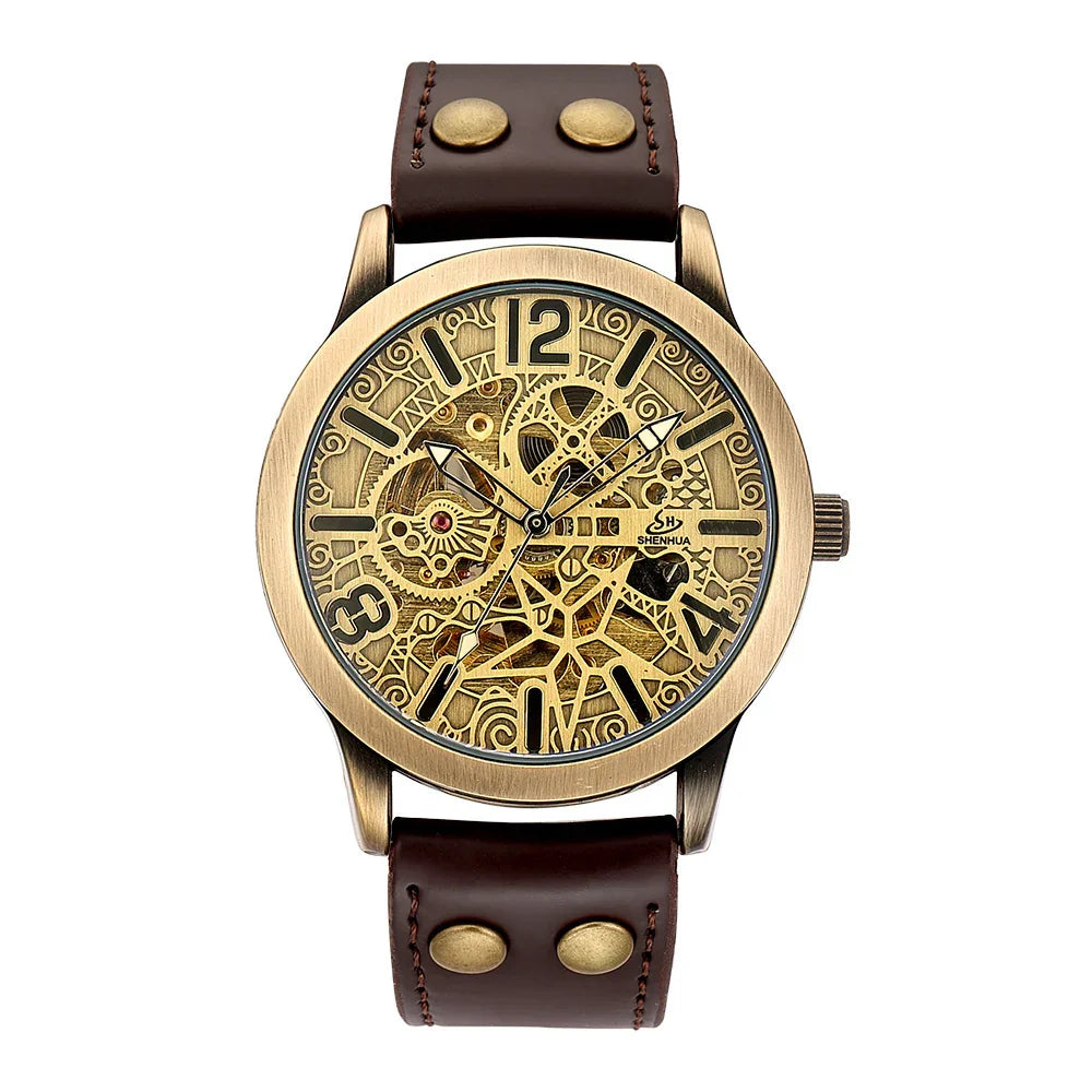 Vintage style wristwatch with bronze case, skeleton dial, black Arabic numerals, and brown leather strap