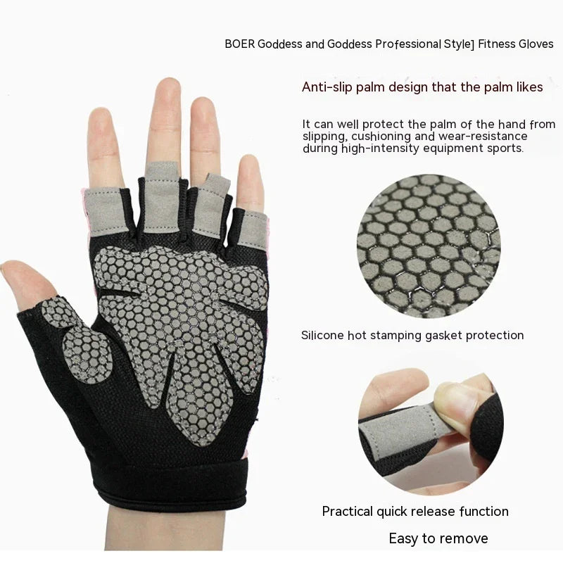Anti-slip fitness glove with silicone palm grip, finger loops, and quick release tab