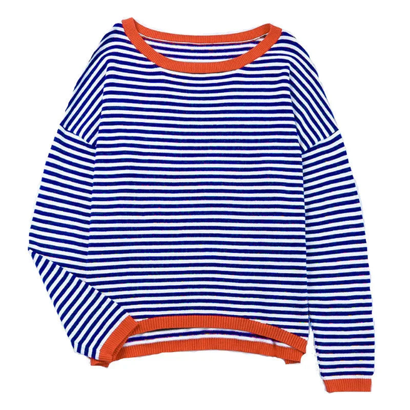 Blue and white striped long-sleeve sweater with orange ribbed neckline, cuffs, and hem