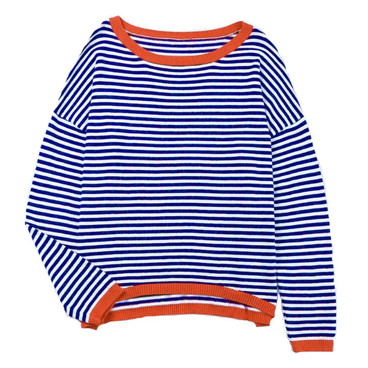 Blue and white striped long-sleeve sweater with orange ribbed neckline, cuffs, and hem