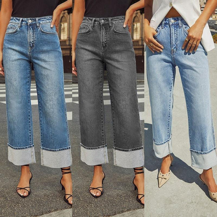 Women wearing high-waisted wide-leg denim jeans with rolled cuffs in blue, black, and light wash styles