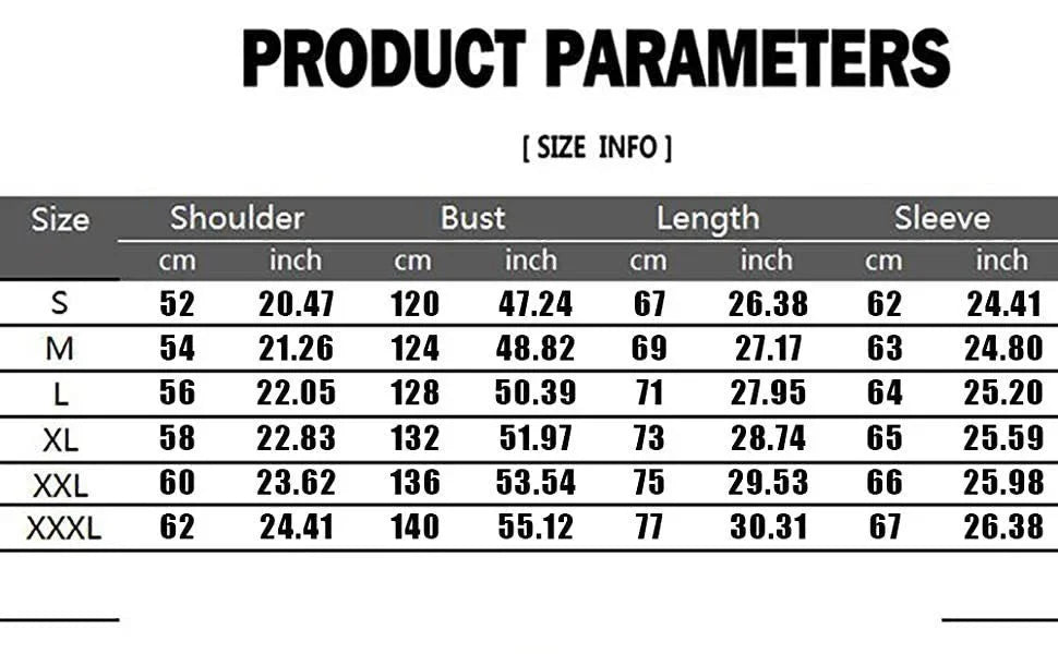 Clothing size chart with measurements for shoulder, bust, length, sleeve in cm and inches