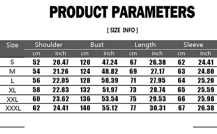 Clothing size chart with measurements for shoulder, bust, length, sleeve in cm and inches