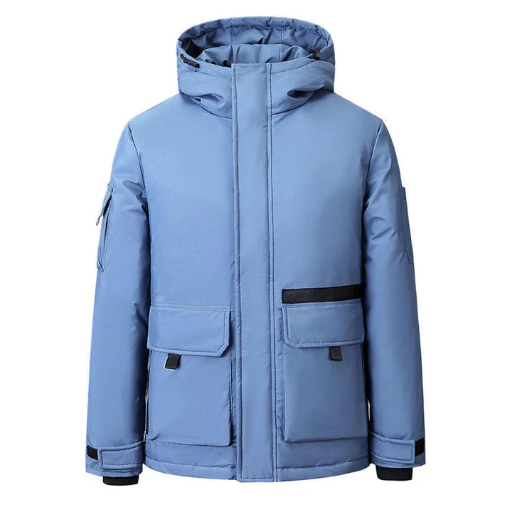 Men's light blue insulated winter jacket with hood and multiple pockets