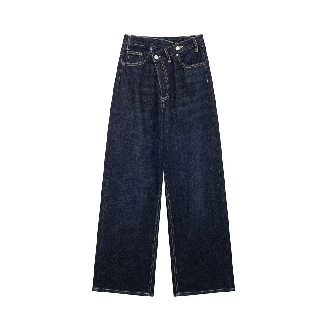 Dark blue wide-leg denim jeans with double button closure and visible stitching