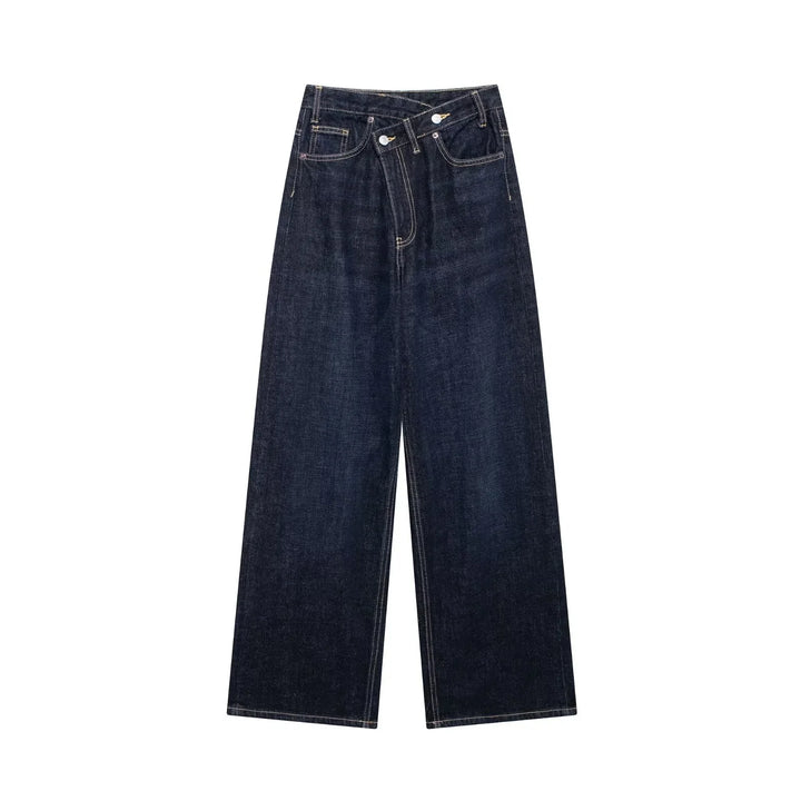 Dark blue wide-leg denim jeans with double button closure and visible stitching