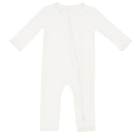 white baby long sleeve romper with diagonal zipper closure on plain background