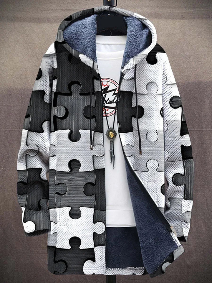 Black and white puzzle piece pattern hoodie with plush navy blue lining and black drawstrings