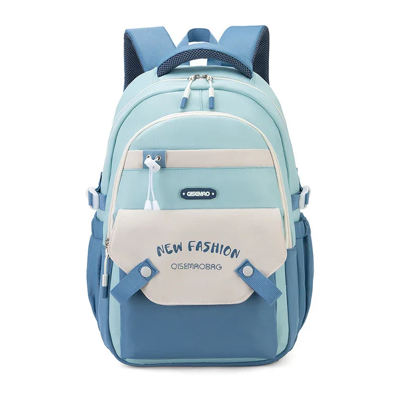 Blue and beige Oisemaobag backpack with multiple compartments, front pocket labeled New Fashion, padded shoulder straps