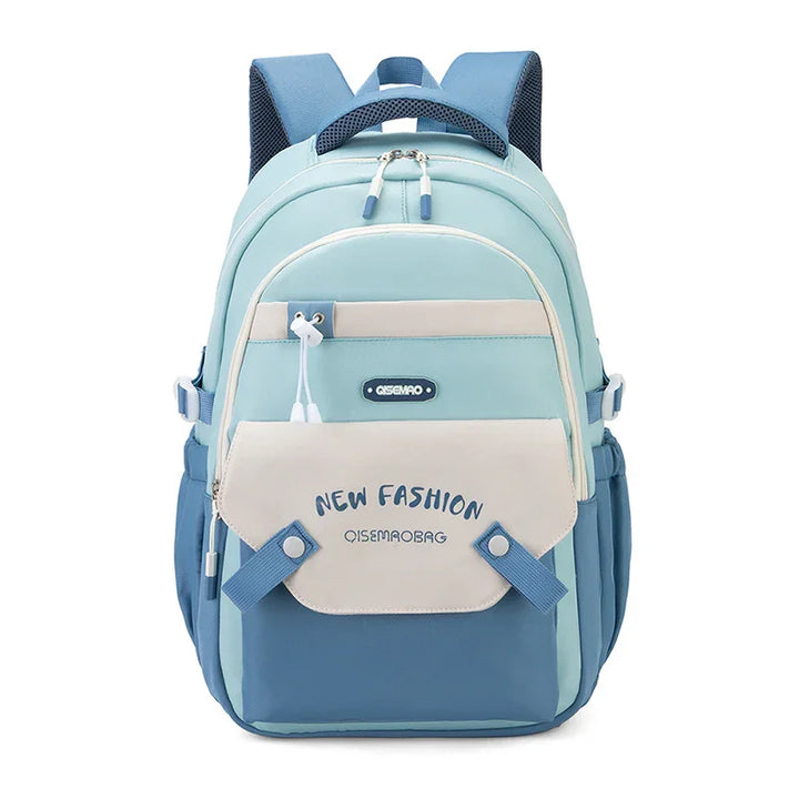 Blue and beige Oisemaobag backpack with multiple compartments, front pocket labeled New Fashion, padded shoulder straps