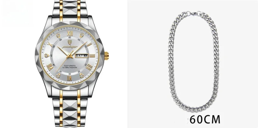 Silver and gold men's wristwatch with day and date display next to a 60cm silver chain necklace