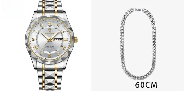 Silver and gold men's wristwatch with day and date display next to a 60cm silver chain necklace