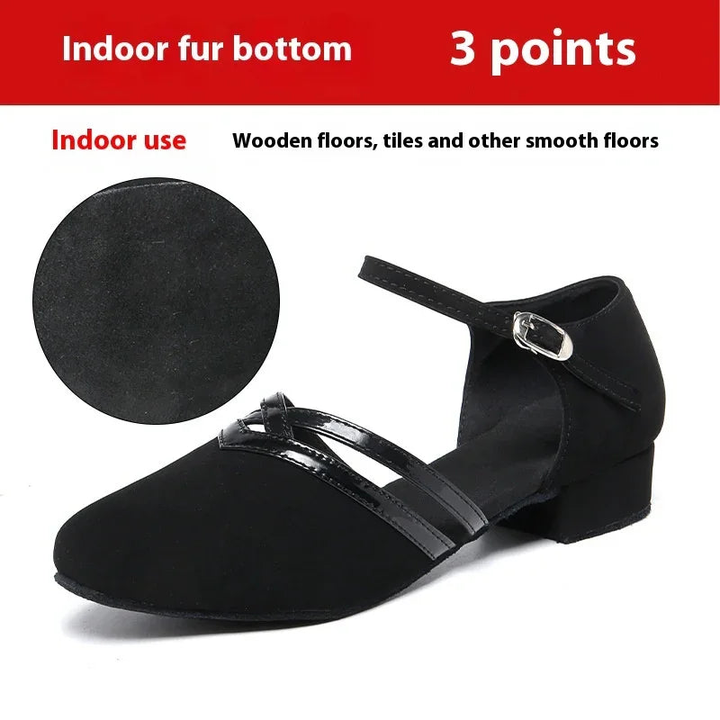 Black indoor dance shoe with fur bottom and ankle strap for wooden and smooth floors