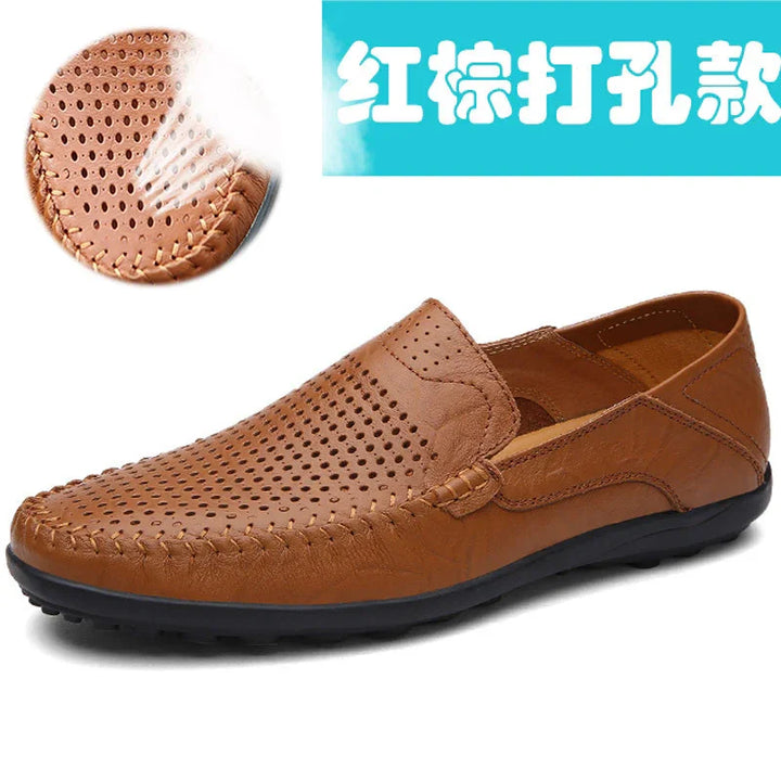 Brown perforated leather men's casual slip-on shoe with black sole and detailed stitching