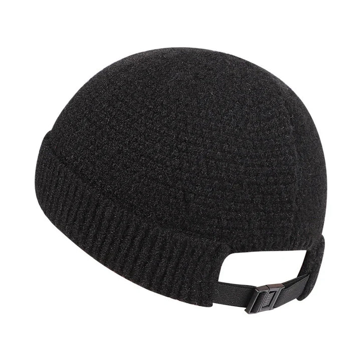 Black warm knit beanie hat with adjustable strap and buckle closure