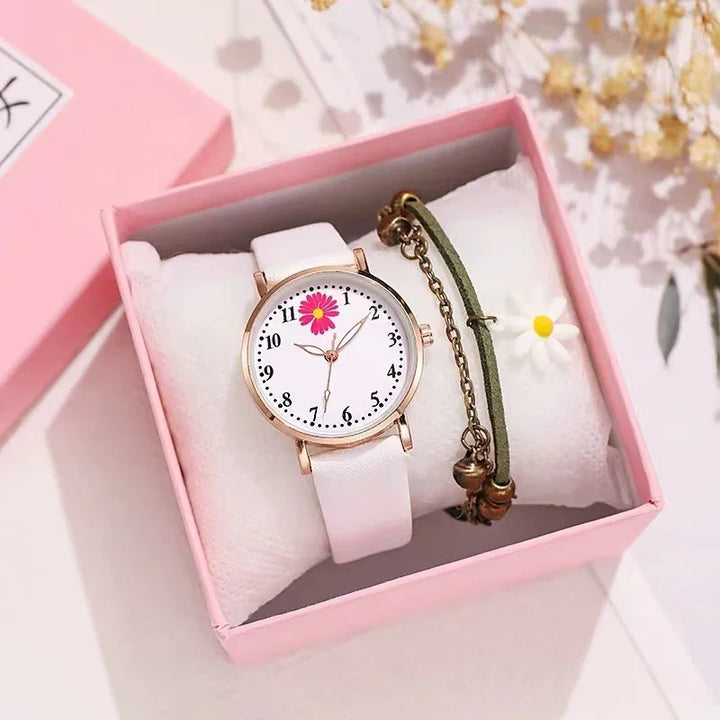 White leather wristwatch with pink flower dial and rustic charm bracelet in pink gift box