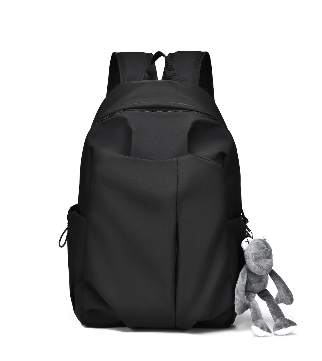 Black backpack with front pocket and plush gray frog keychain accessory