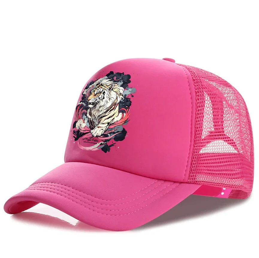 Pink mesh trucker cap with roaring white tiger graphic and artistic splash design