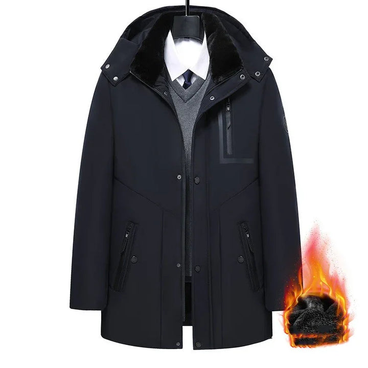 Men's black winter coat with warm fur collar, zip and button pockets, and embedded flame symbol showing thermal insulation