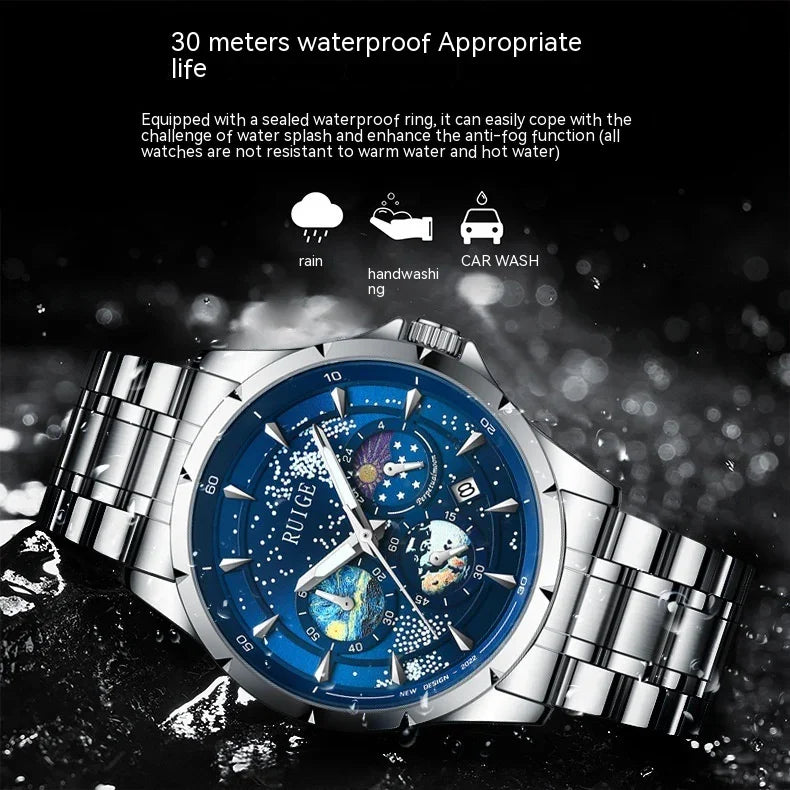 RUIGE stainless steel waterproof wristwatch with blue dial and multi-function subdials, water splash effect