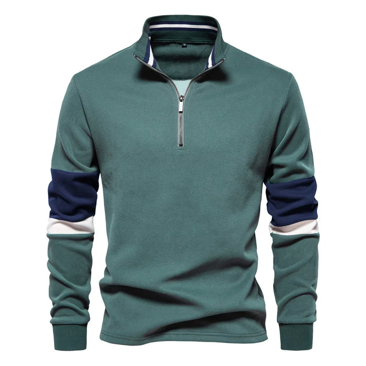 Men's green quarter-zip pullover with navy and white stripes on sleeves and collar