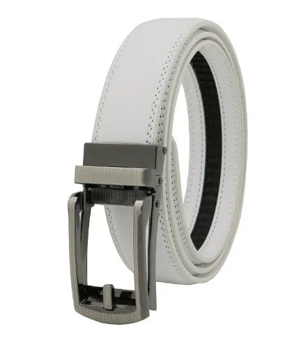 White leather belt with black stitching and shiny silver buckle