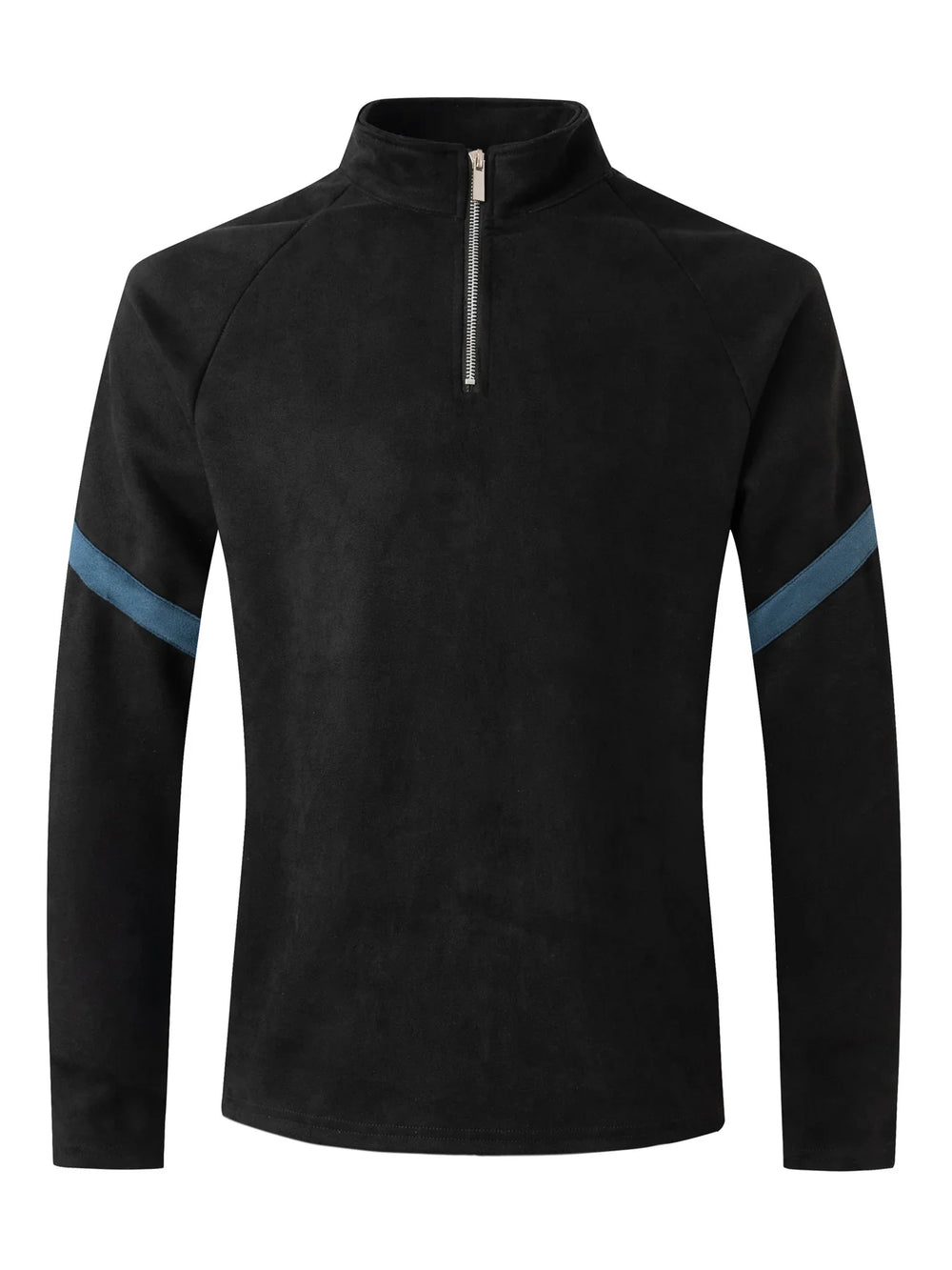 Black fleece pullover with quarter zip and blue stripe on long sleeves