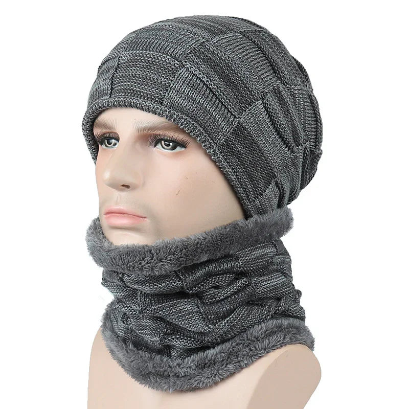 gray knit winter hat and matching fleece-lined neck warmer on mannequin