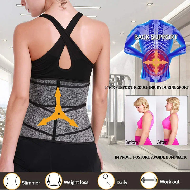 Woman wearing grey waist trainer belt for back support and posture improvement in gym setting