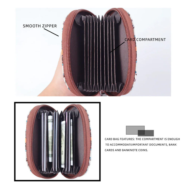 Brown zippered card wallet with accordion card compartments holding cash and cards