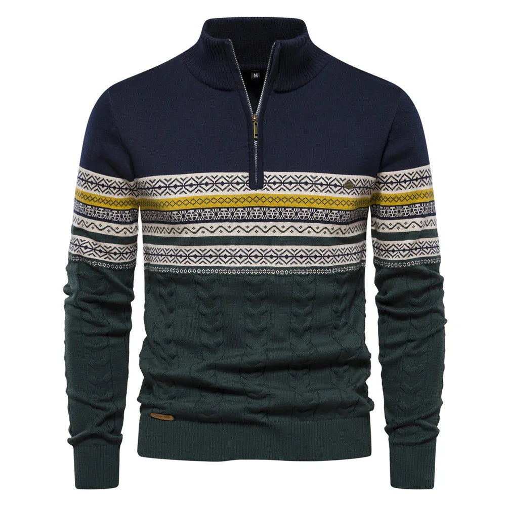Men's knit pullover sweater with half-zip, navy, yellow and green patterns