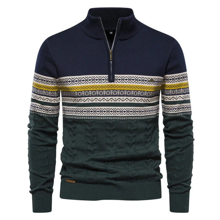 Men's half-zip sweater with navy, cream, yellow, and green fair isle and cable knit patterns