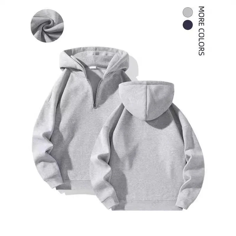 Light gray half-zip hooded sweatshirt shown front and back with soft cotton fabric swatch