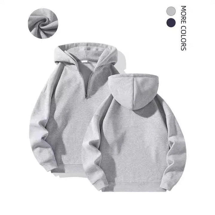 Light gray half-zip hooded sweatshirt shown front and back with soft cotton fabric swatch