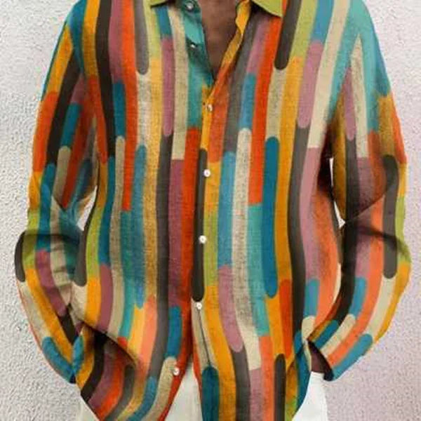 Colorful striped button-up shirt with vertical brushstroke pattern in vibrant hues