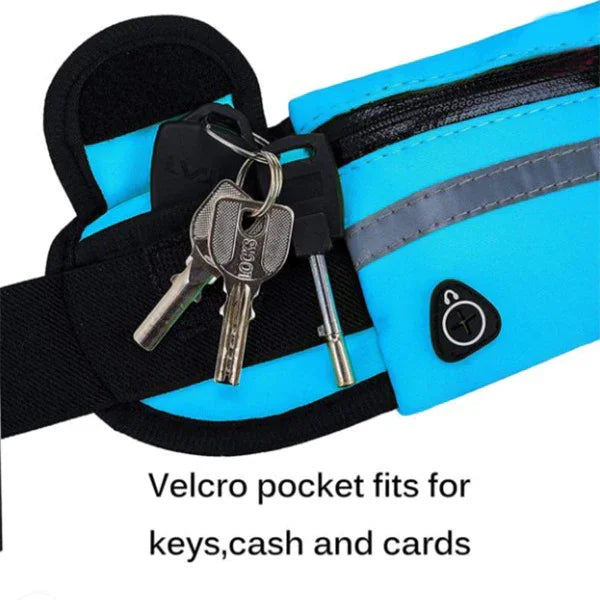 Blue running belt with Velcro pocket holding keys and reflective strip for night visibility