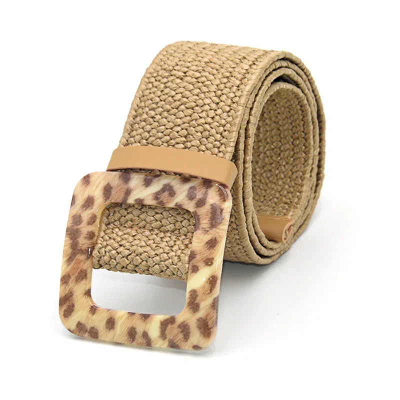 Rolled woven beige belt with large square leopard print buckle and leather loop