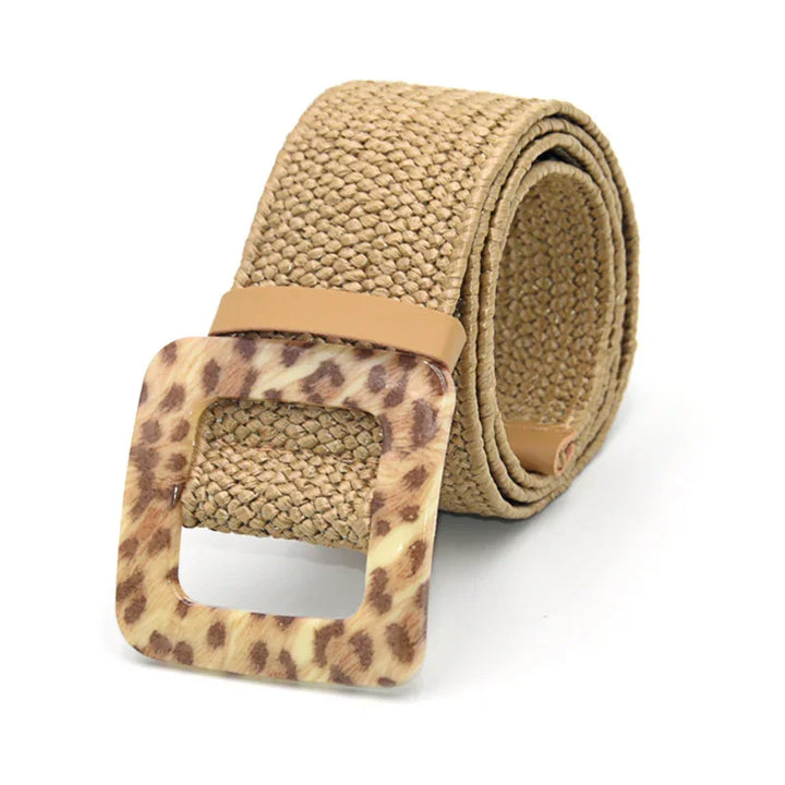 Rolled woven beige belt with large square leopard print buckle and leather loop