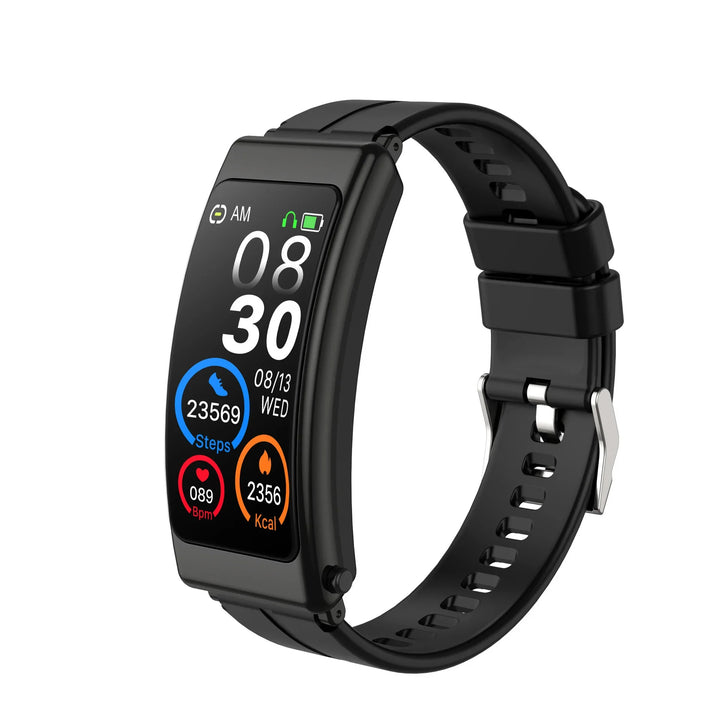 Black fitness tracker watch displaying time, date, steps, heart rate, and calories burned