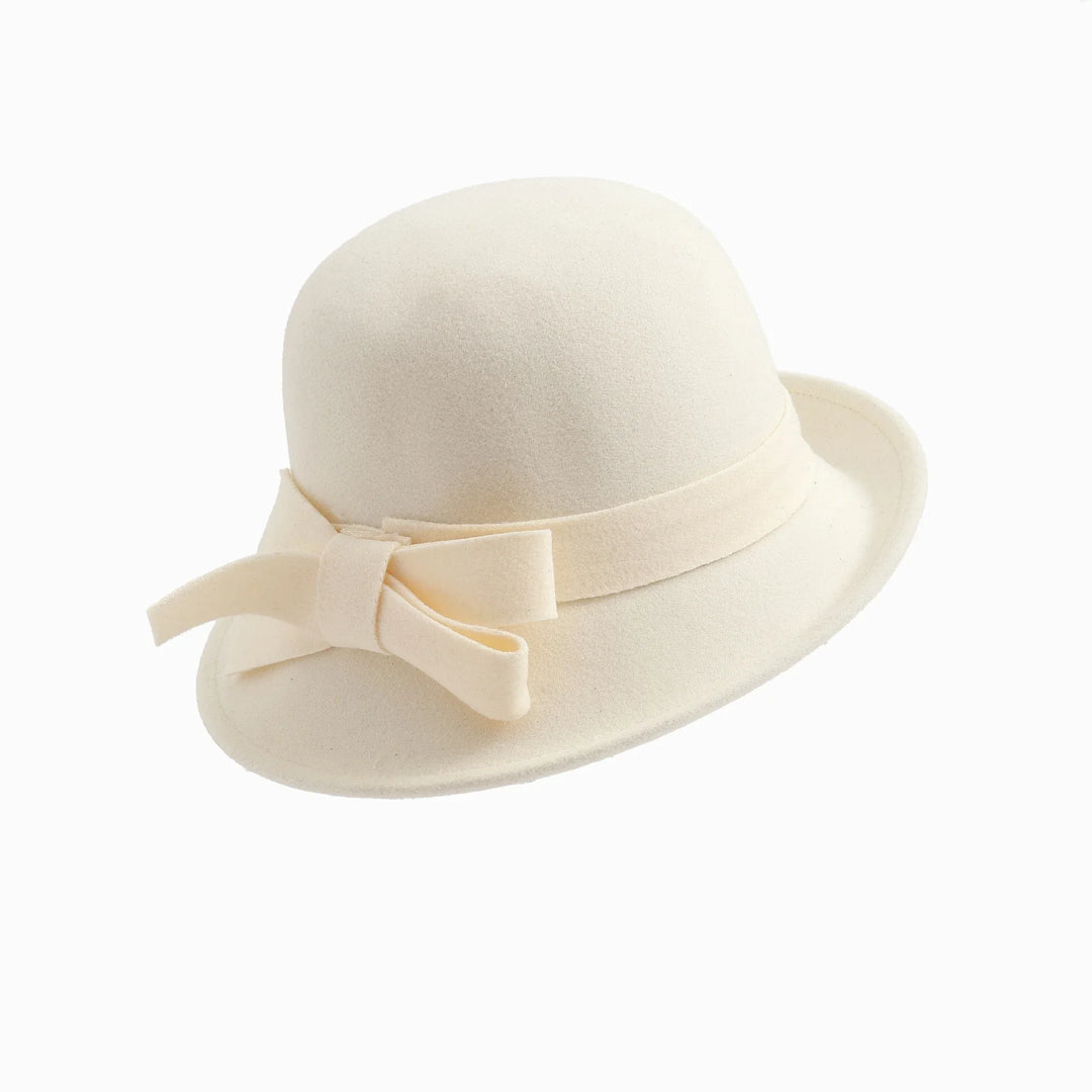 Cream wool felt cloche hat with wide band and decorative bow