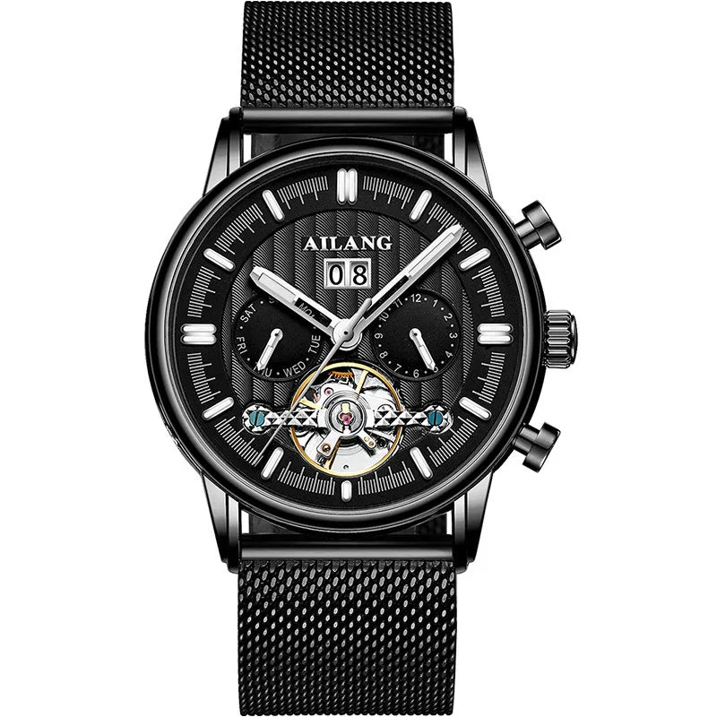 AILANG black men's wristwatch with mesh strap, mechanical open heart dial, and dual subdials