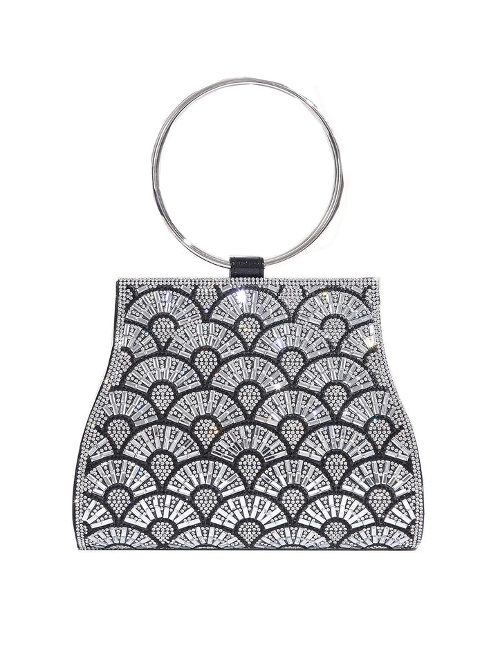 Black evening clutch bag with silver geometric rhinestone pattern and circular metal handle