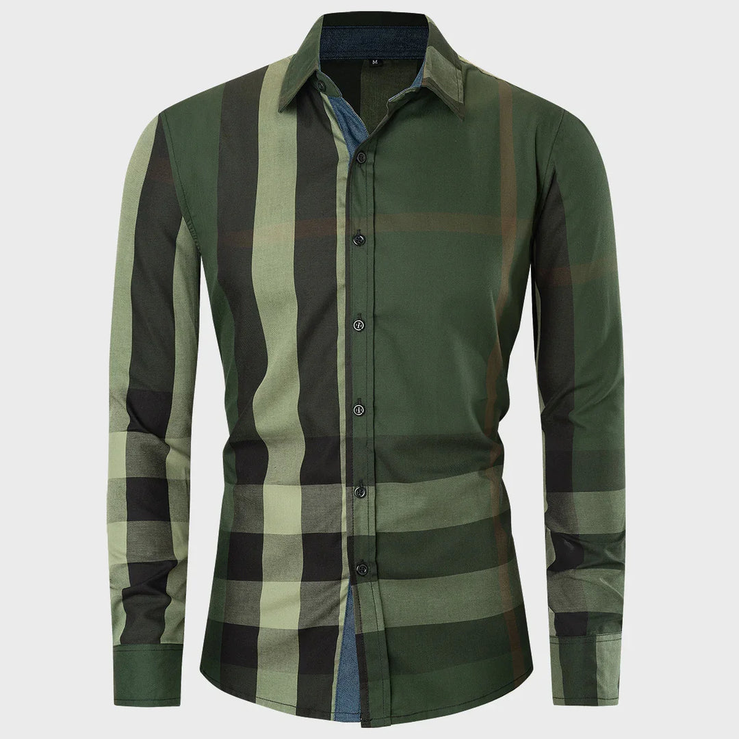 Men's green plaid button-up shirt with long sleeves and a collar on white background