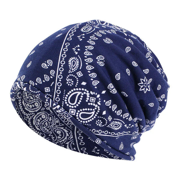 blue and white paisley bandana cap with slouchy fit and intricate patterns