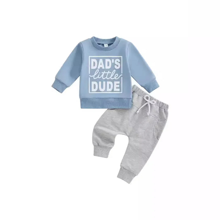 Baby boy outfit with blue sweatshirt saying "Dad's little dude" and gray jogger pants