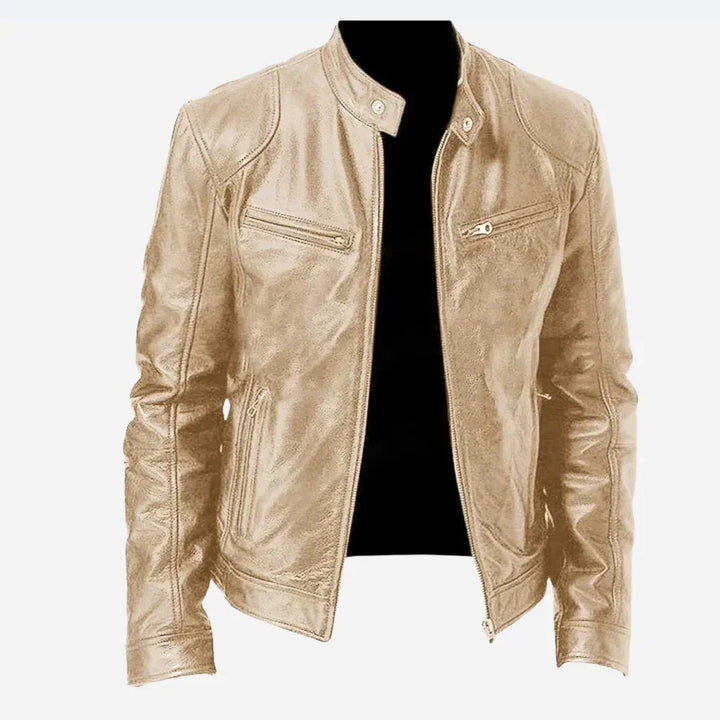 Beige leather jacket with zippered chest and side pockets, snap collar, and front zip closure