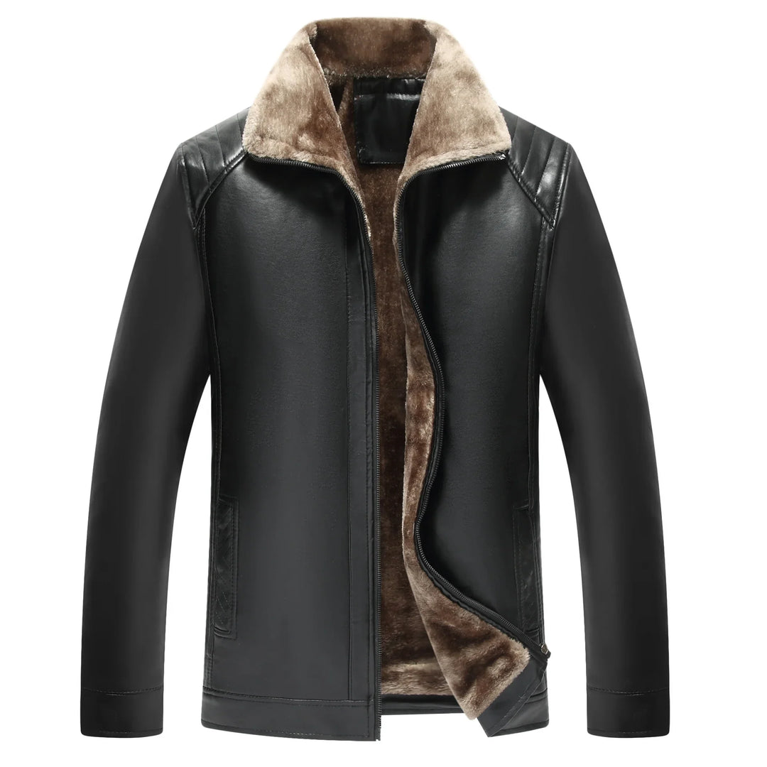 Black faux leather men's jacket with brown faux fur lining and collar, zip front closure