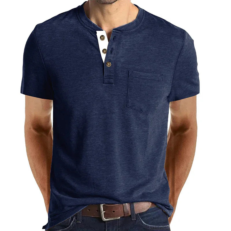 Men's navy blue short sleeve Henley shirt with chest pocket and button placket detail